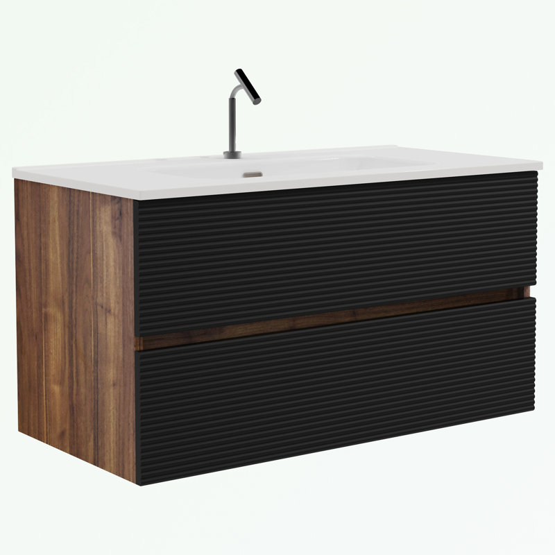 Wall Mounted Bathroom Vanity with Integrated Ceramic Sink and drawer, Black/Brown