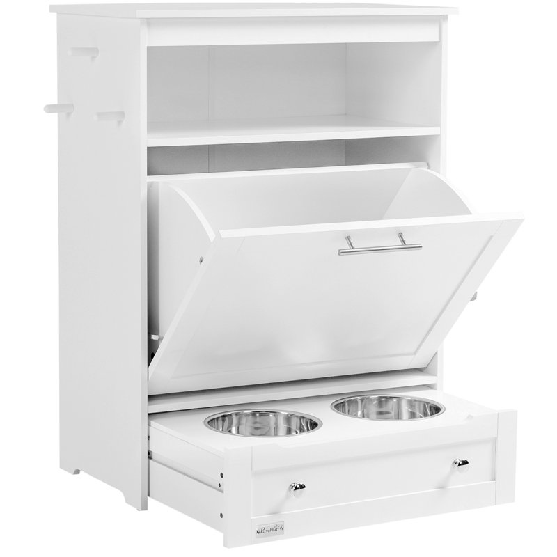 White Elevated Dog Feeder Station with Storage Cabinet