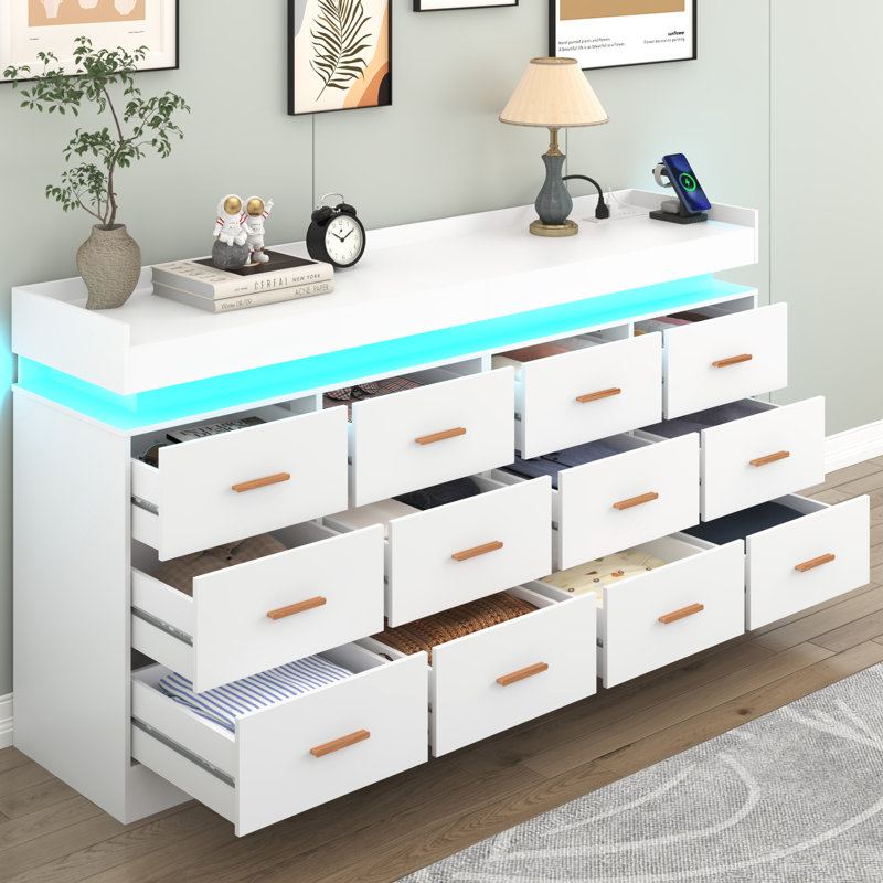 12 Drawer 70" W Dresser With Charging Station And LED Lights, White
