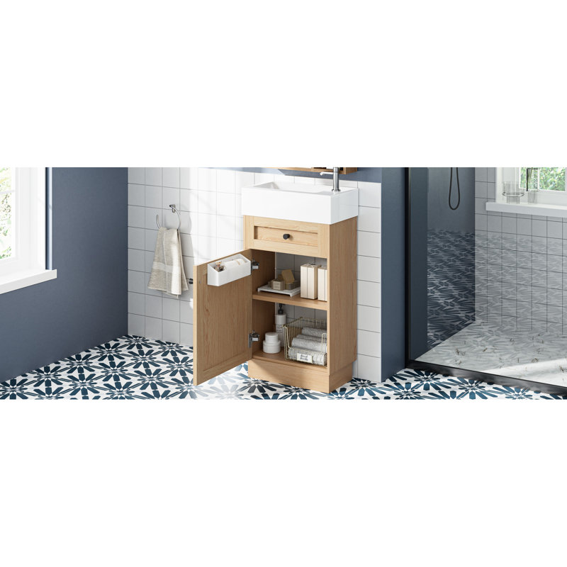 Meuble-lavabo de 18,5 po de style rustique avec lavabo en résine réversible, structure d'armoire, tablette de rangement réglable pour un rangement efficace, poignées en métal, finition grain de bois, mécanisme de porte à fermeture en douceur rustique