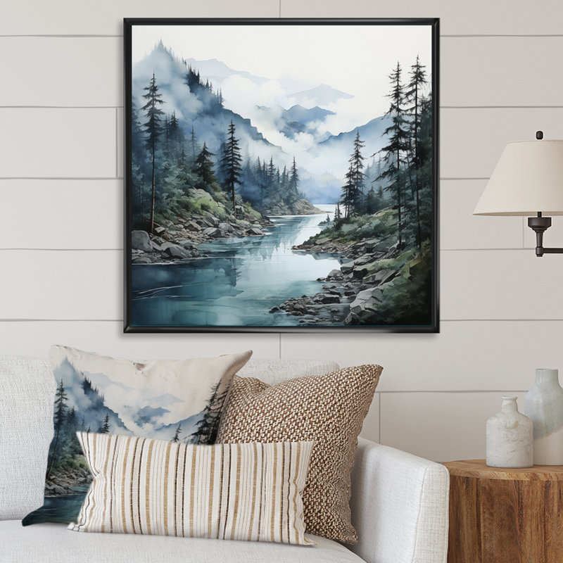 Blaykleigh gris bleu minimalisme forêt reflets II - impression, H 16 po x l 16 po x P 1 po, Cadre flottant noir