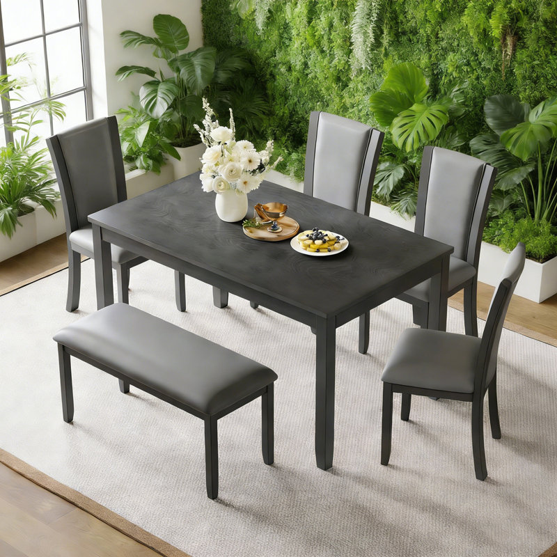 Ensemble Schweizer en bois 6 pièces avec 4 chaises et bancs à dossier haut, Gris