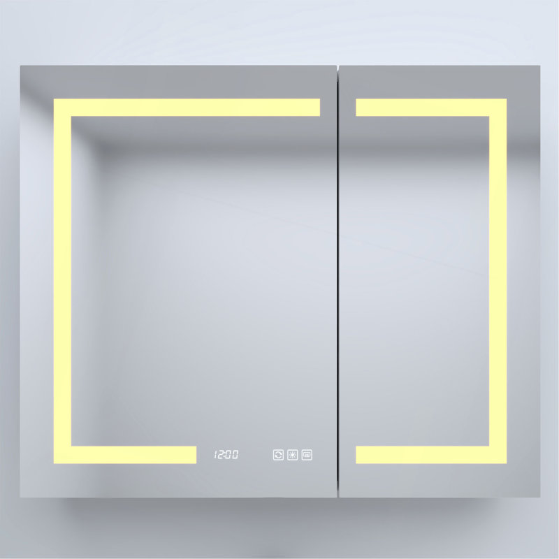 Pharmacie rectangulaire encastrée / à fixation en aluminium argenté avec miroir DEL et horloge, 30 po x 36 po