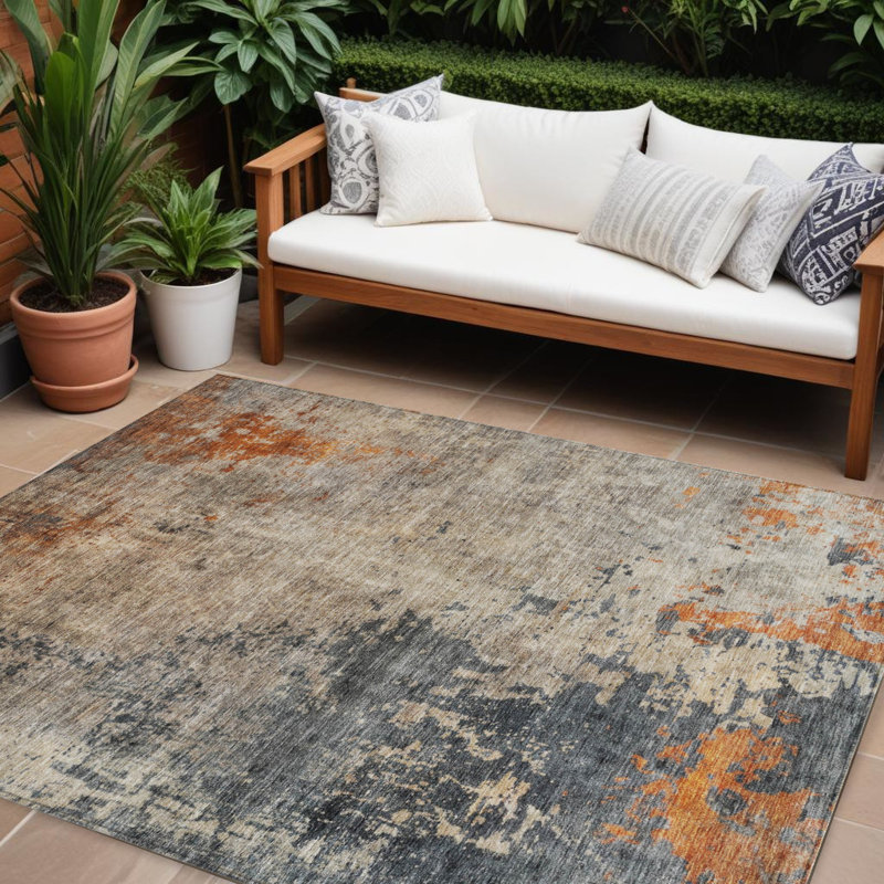 Tapis extérieur lavable abstrait kaki et cuivre 8 pi x 10 pi