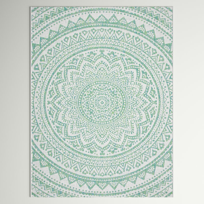 Elida Ivory/Green Indoor/Outdoor Area Rug, Rectangle 9' x 12'