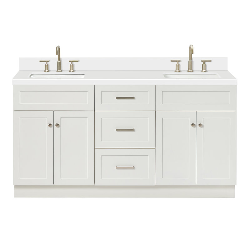 Hamlet 67'' Double Bathroom Vanity with White Quartz Top, White, Brushed Nickel