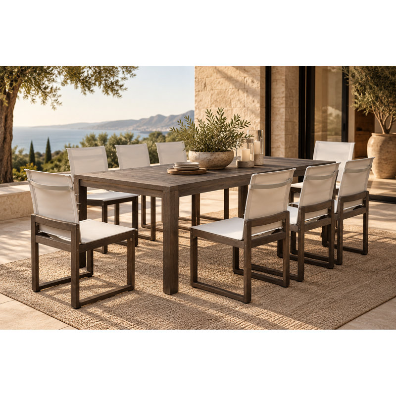 Joly 9-Piece 8-Person 87" Rectangular Outdoor Dining Set – Dark Brown Table with 8 Armless Quick-Dry Mesh Chairs & Solid Wood Legs