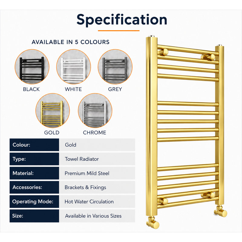 Heated Towel Rail 77cm x 50cm, Gold
