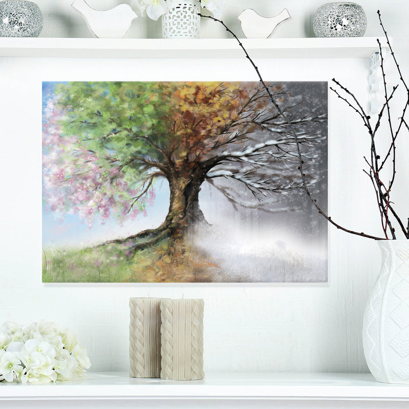 Arbre sur toile, impression de nature quatre saisons - Arbre avec quatre saisons, H 12 po x l 20 po, Toile tendue, Sans cadre