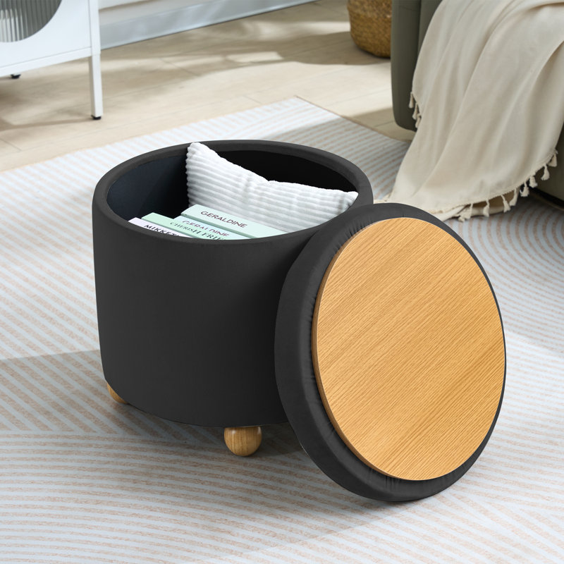 Upholstered Round Storage Ottoman, Tufted Velvet Ottoman, Footrest Stool with Tray, Black