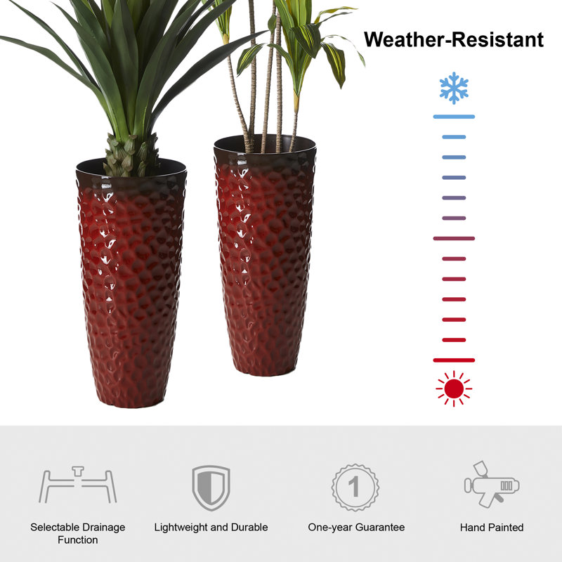 31"H Set Of 2 Oversized Eco-Friendly PP And Stone Honeycomb Textured  Tall Plastic Planter, Red
