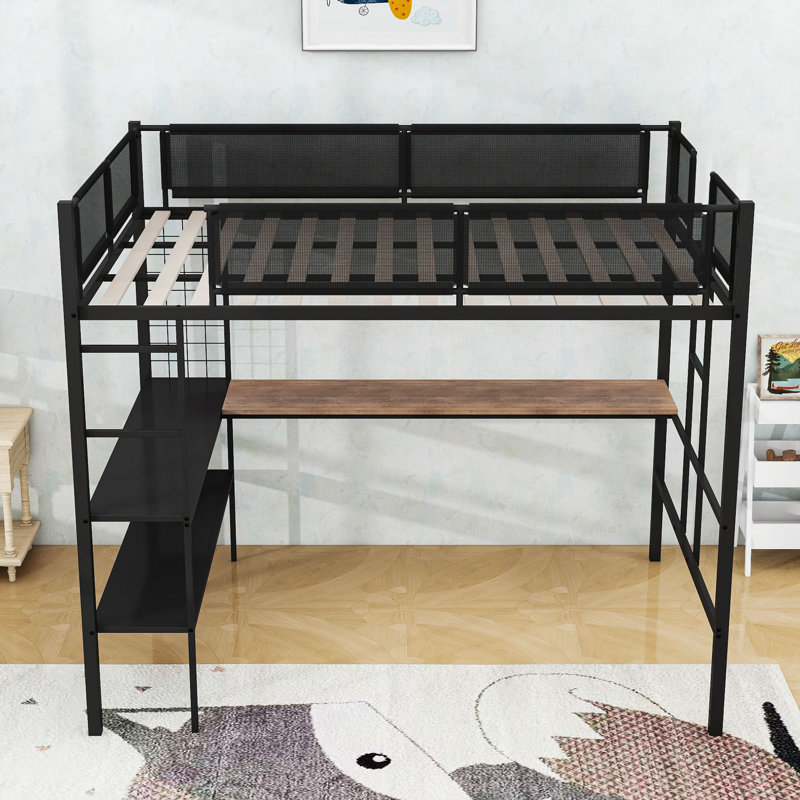 Full Size Metal Loft Bed With Built-In Ladders, Shelves And Guardrails