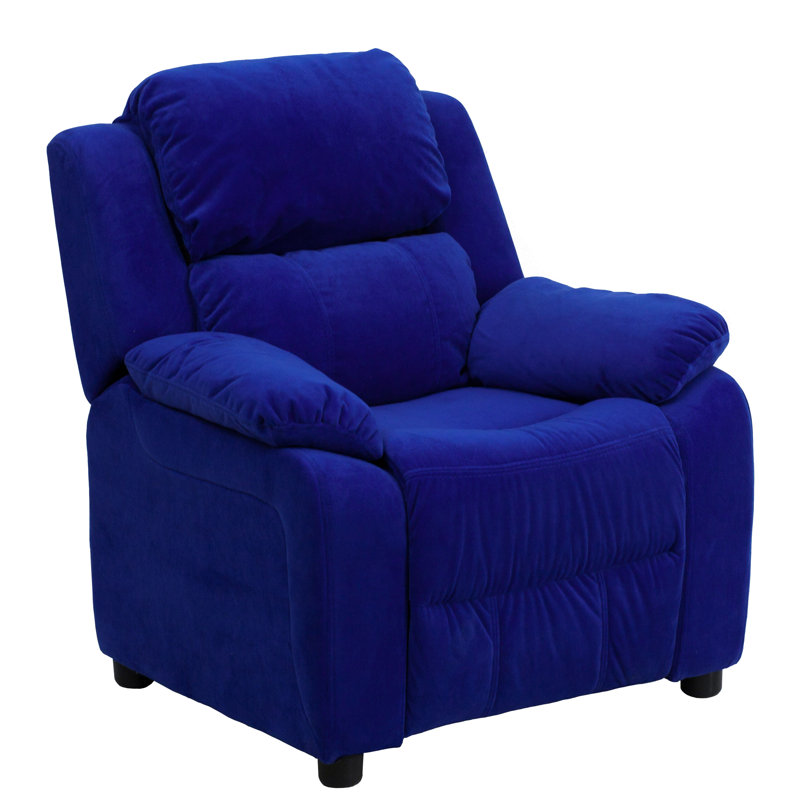 Degnan Deluxe Padded Contemporary Kids Recliner with Storage Arms, Blue Microfiber/Microsuede