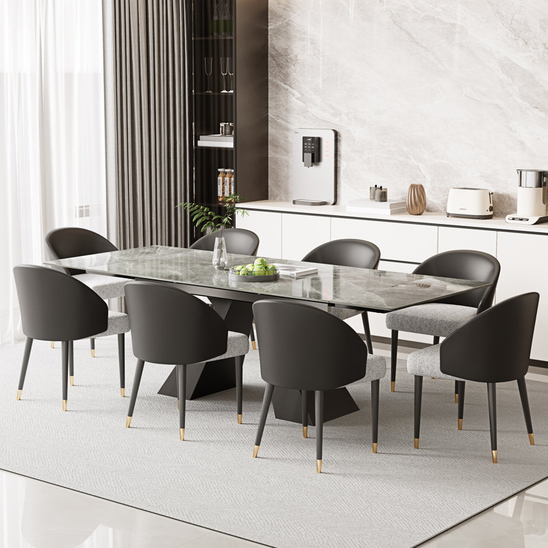 Ensemble de table de salle à manger extensible 94,5 po avec plateau en pierre frittée rectangulaire et 8 chaises en similicuir