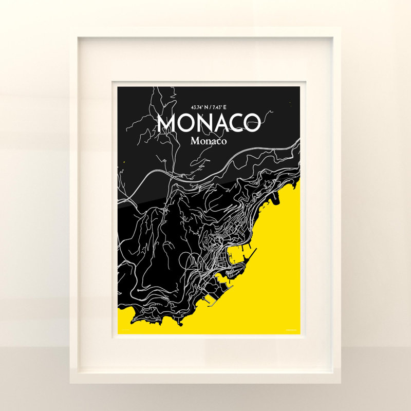 Monaco City Map, impression, H 20 po x l 16 po, Noir/jaune