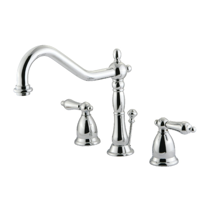 Kingston Brass Heritage Two-Handle 3-Hole Deck Mount Widespread Bathroom Faucet with Brass Pop-Up Drain, Polished Chrome