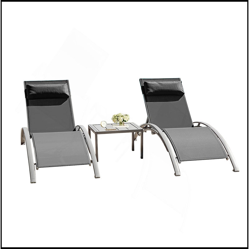Pool Lounge Chairs Set Of 3 (2 Lounge Chairs+1 Table), Dark Gray/Light Gray
