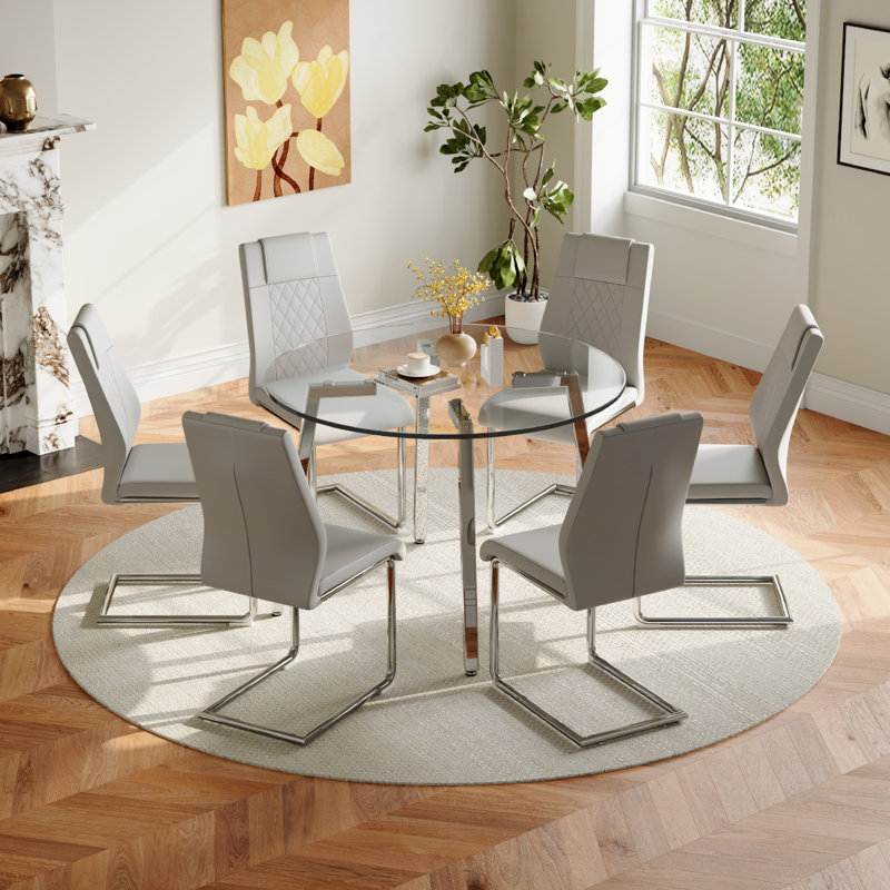 Glass Top Dining Set, Light Gray/Silver, 7, Silver