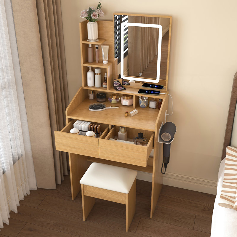 Table de coiffeuse compacte avec miroir lumineux à DEL, prise de courant, support pour sèche-cheveux et tabouret rembourré pour les petites chambres