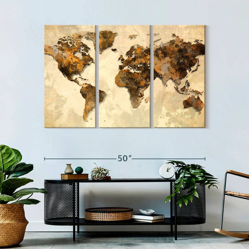 Ensemble de carte du monde rustique sur toile 3 pièces, H 32 po x l 50 po x P 1,25 po
