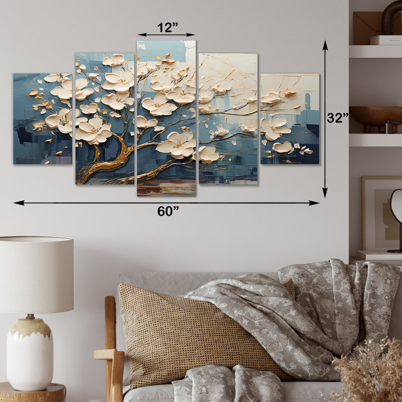 Orchidée dorée blanche et bleue, jardin de branches I - ensemble d'art mural multi-panneaux
