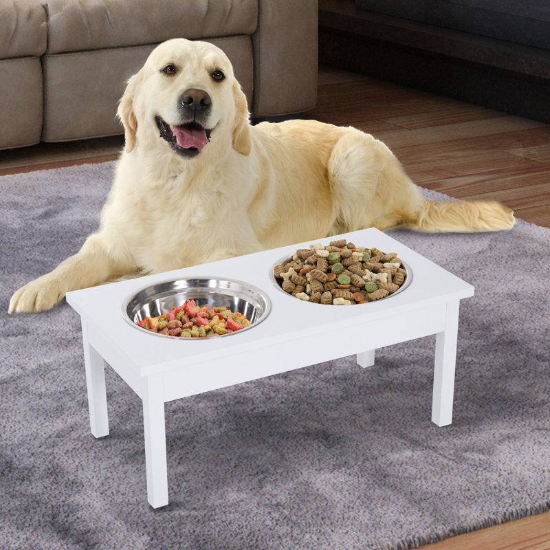 White Elevated Wooden Pet Feeding Station with Stainless Steel Bowls