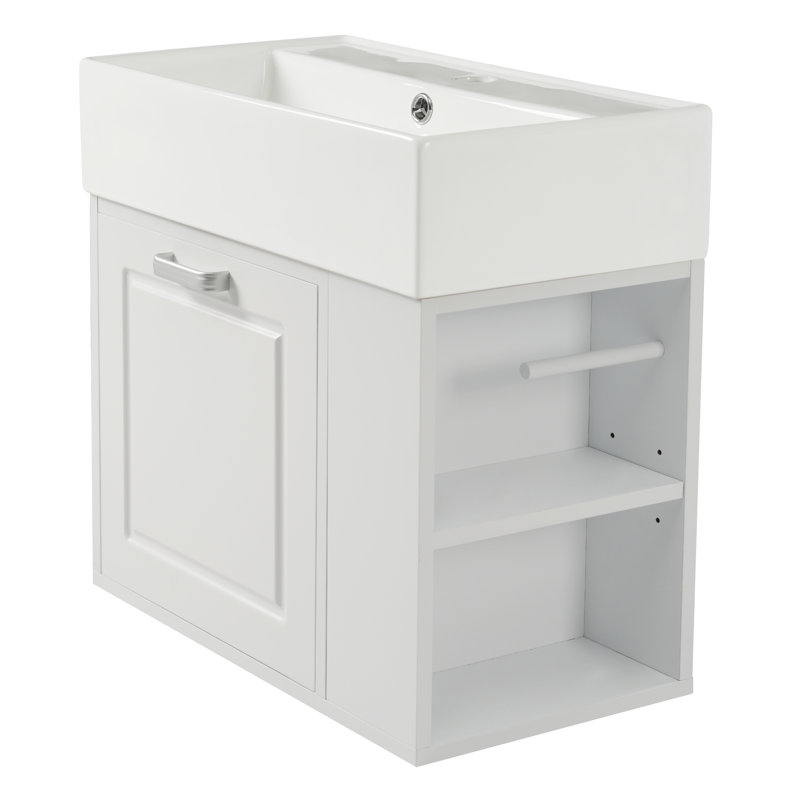 Meuble-lavabo mural avec lavabo et rangement en céramique, Blanc