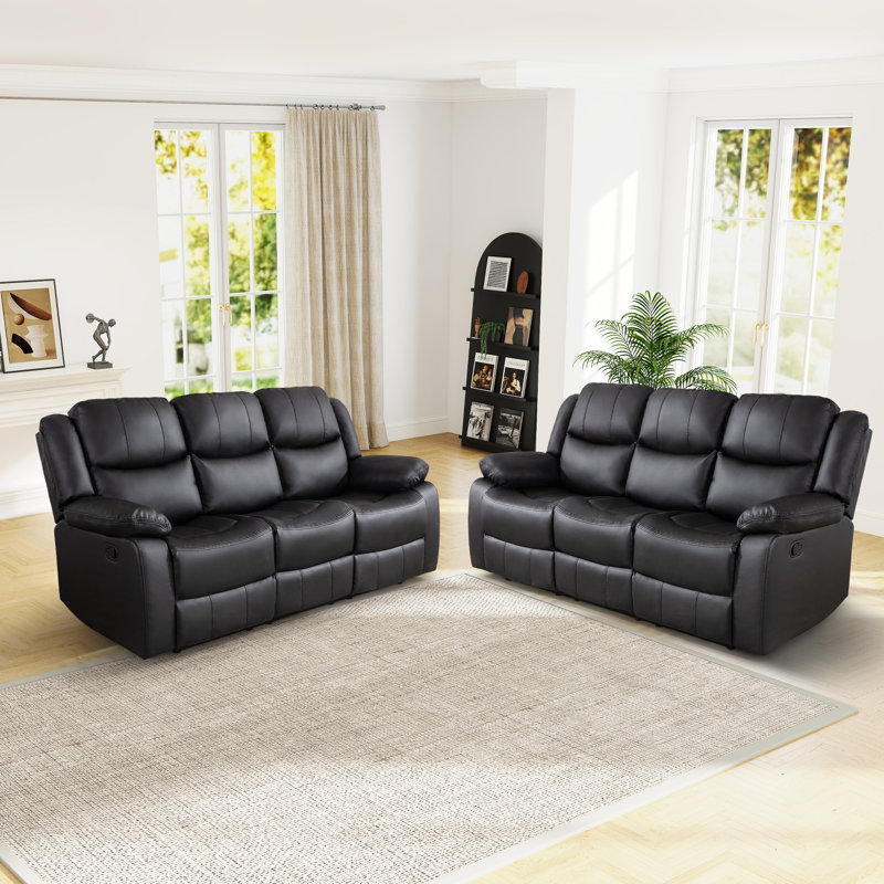 Creeve 79.9'' Wide Breathable Leather Cushion Back Reclining Sofa with Pillow Top Arm (Set of 2), Black