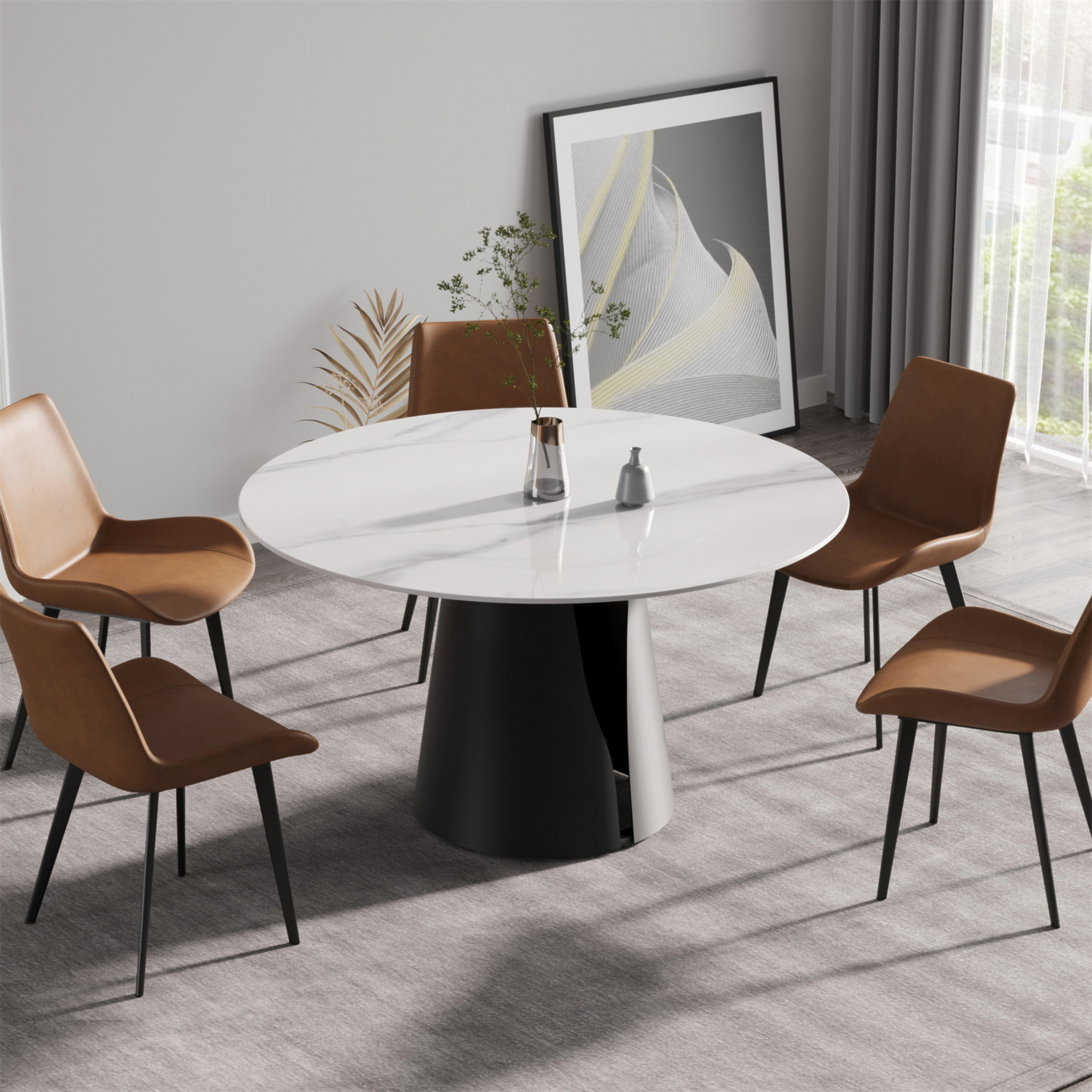 Brayden Studio Modern Artificial Stone Round Black Base Dining Table ...