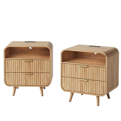 24" Arc Nightstand with Charging Station, LED Light, 2 Drawers, USB-C & USB-A Ports,Set of 2