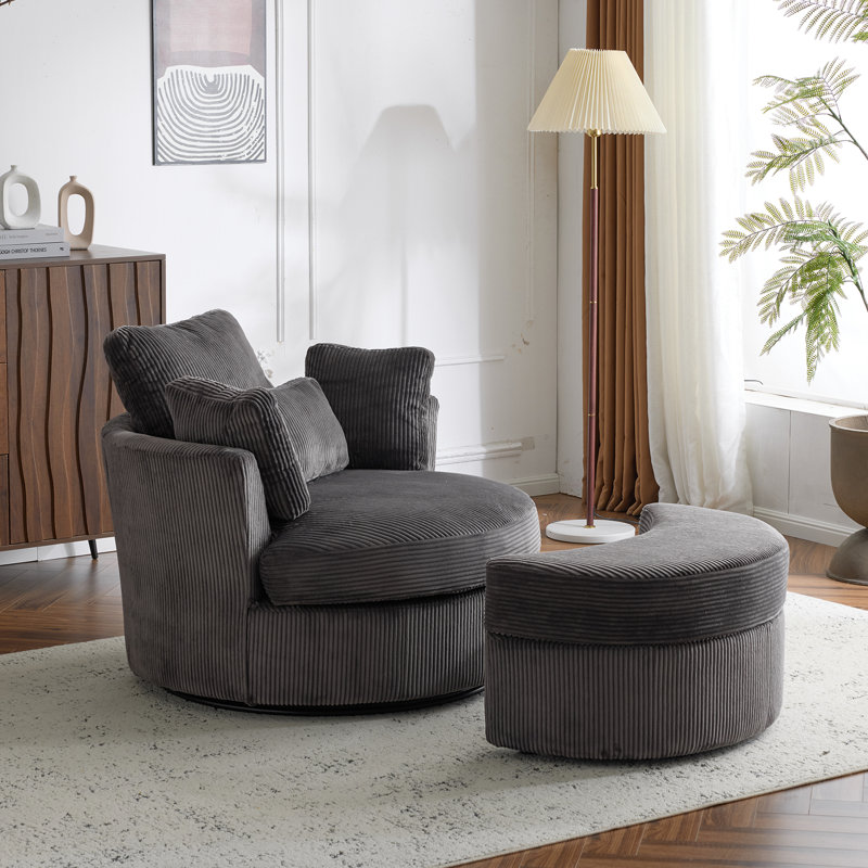 Corduroy Upholstered Swivel Chair With Ottoman, Gray Velvet