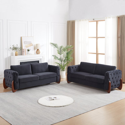 84-inch Classic Velvet Sofa With Button-tufted Detailing Features Curved Wooden Legs, Stylish Curved Armrests, Two Back Cushions, and Two Seat Cushions for the living room.2pcs