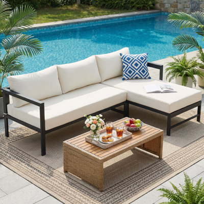 Modern Outdoor L-Shaped Patio Sofa with 5.9" Thick Cushions, Metal Frame , 3-Seater Sectional Couch for Poolside, Patio or Garden, Beige