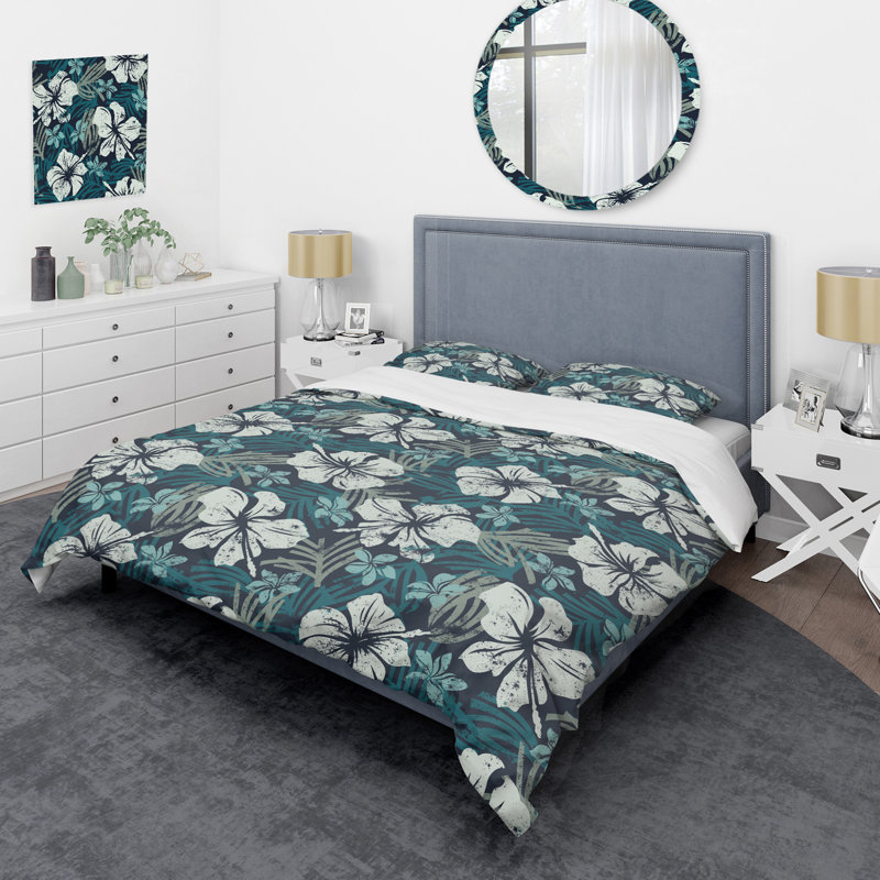 Fleurs bleues grunge - Ensemble de housse de couette floral - Polyester microfibre