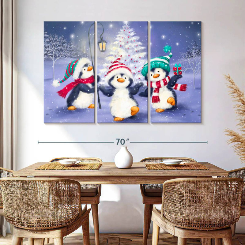 Trois pingouins avec arbre de Noël, H 28 po x l 45 po