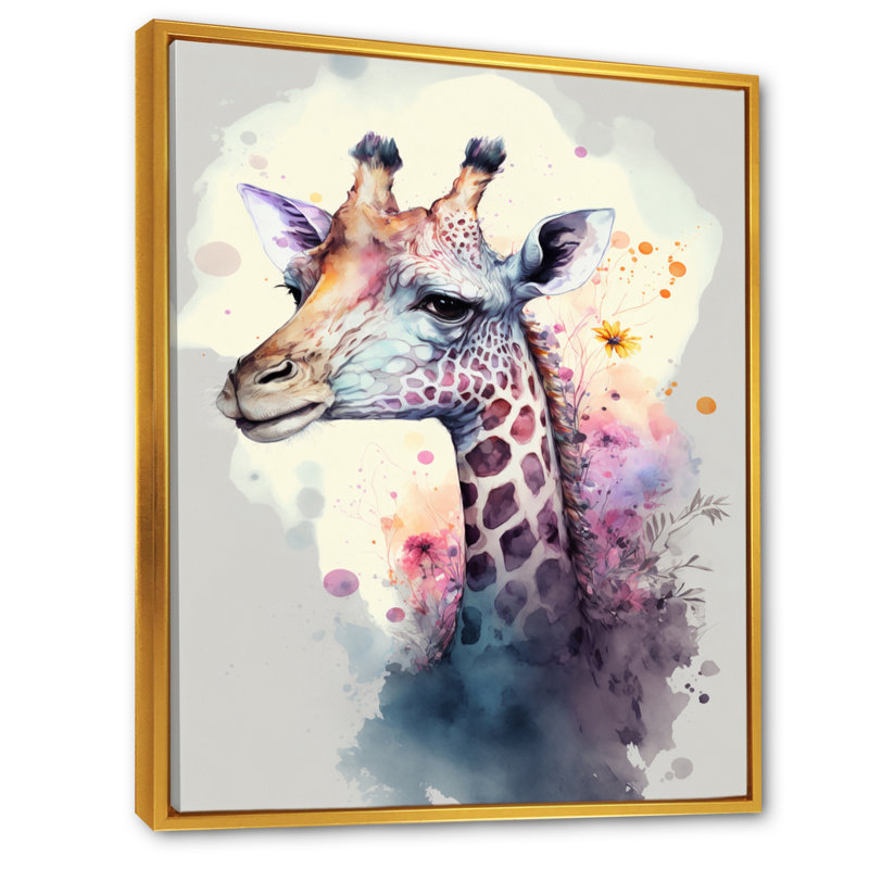 «Cute Giraffe Floral III», impression sur toile, H 40 po x l 30 po x P 1,5 po, Cadre flottant doré