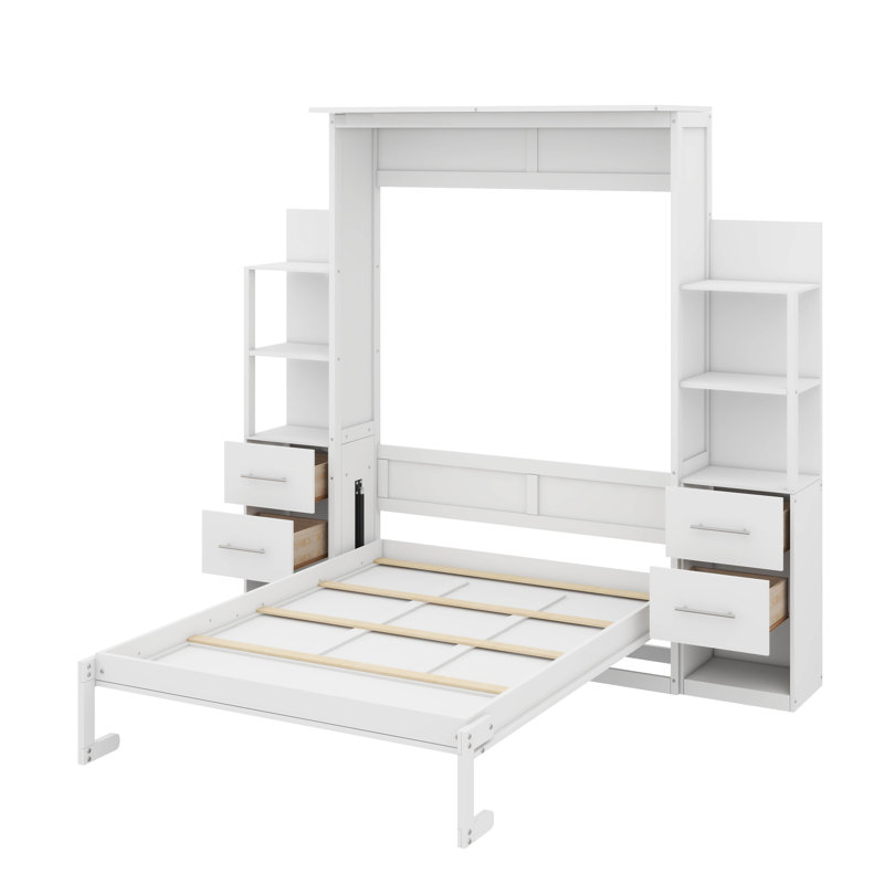 Lit escamotable avec tiroirs avec tablettes et éclairage à DEL intégré conçu pour le confort mural, Double, Blanc