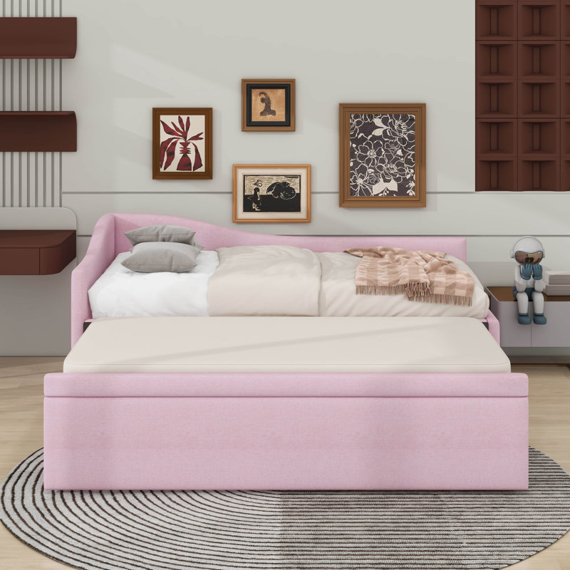 Twin Size Upholstered L-Shaped Upholstered Daybed With Trundle, Pink