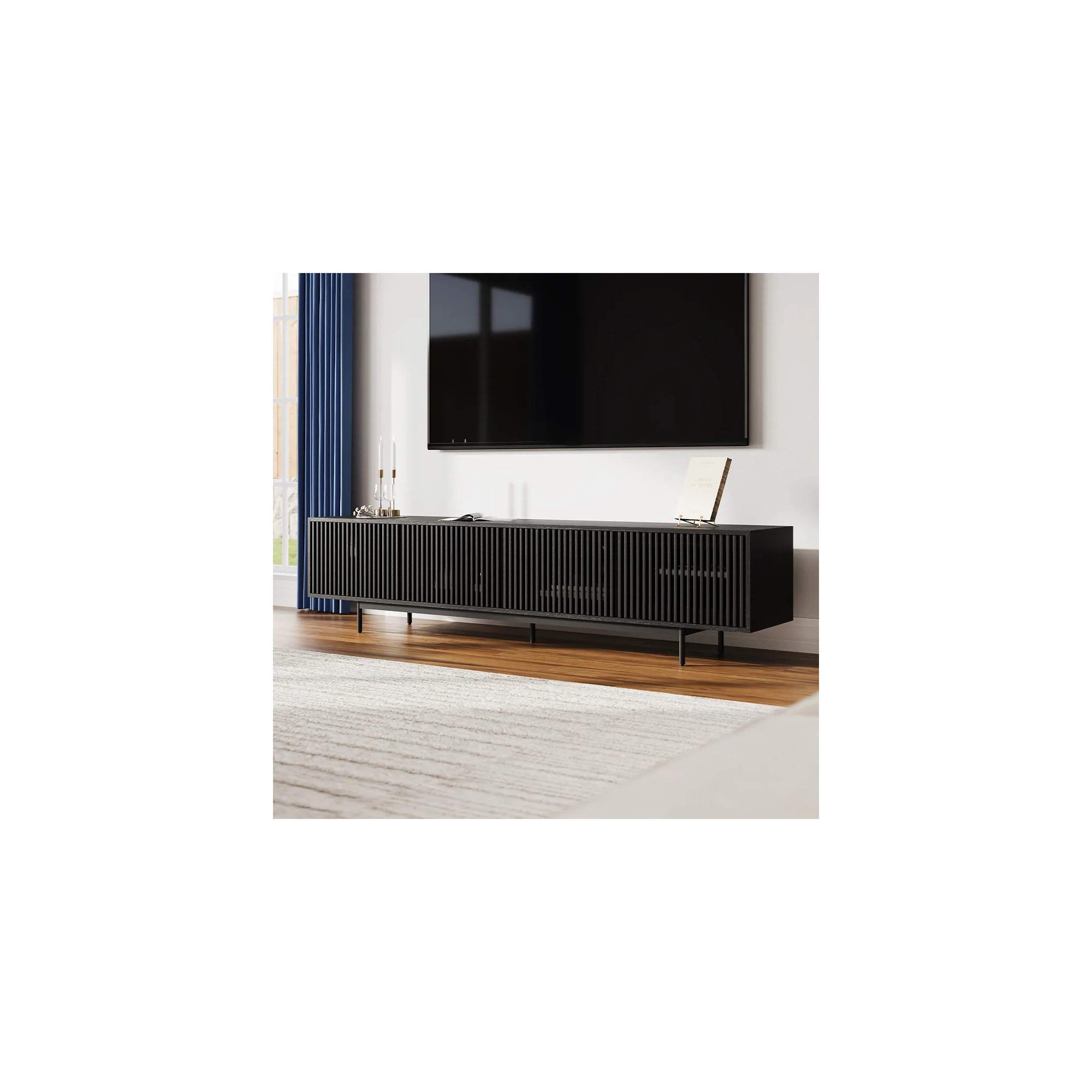 Mid-Century Modern TV Stand, 21.26" H x 95" W x 18.89" D, Black