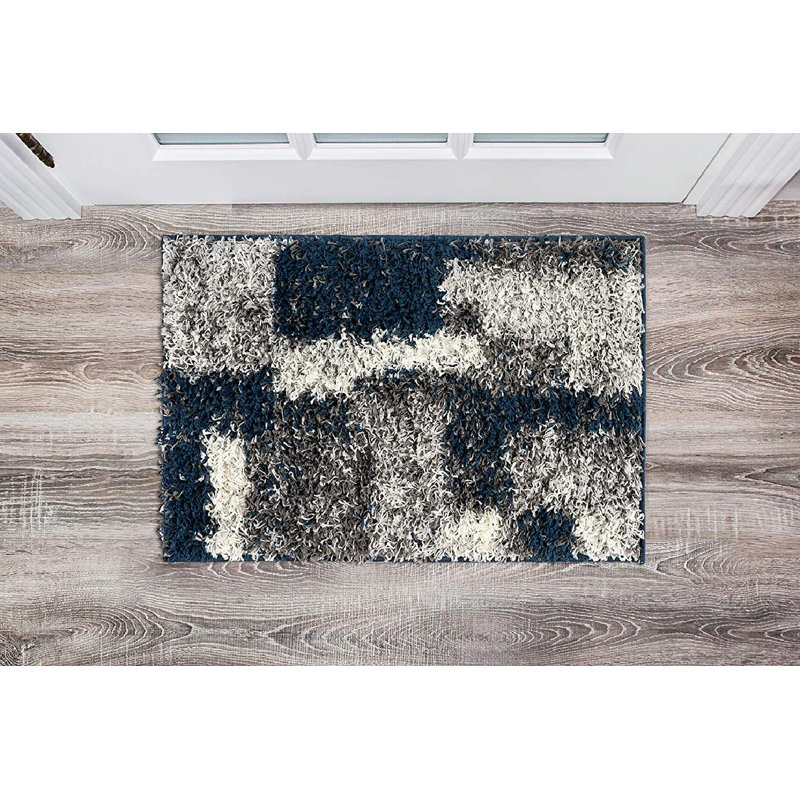 Tapis à poil long bleu marine / gris / blanc Farmerville, Rectangle 2 pi x 3 pi