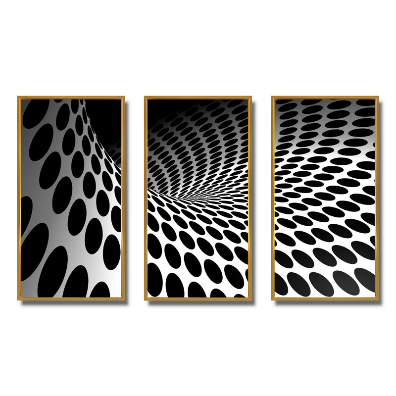 «Waves And Circles Black N White», 3 pièces, cadre flottant, impression sur toile, H 32 po x l 48 po, Or