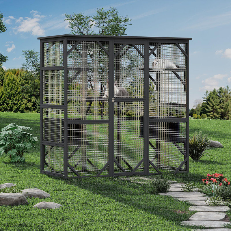 Enceinte roulante d'extérieur pour chat avec tunnel de fenêtre, cadre en bois résistant aux intempéries et très grand espace de jeu pour le patio