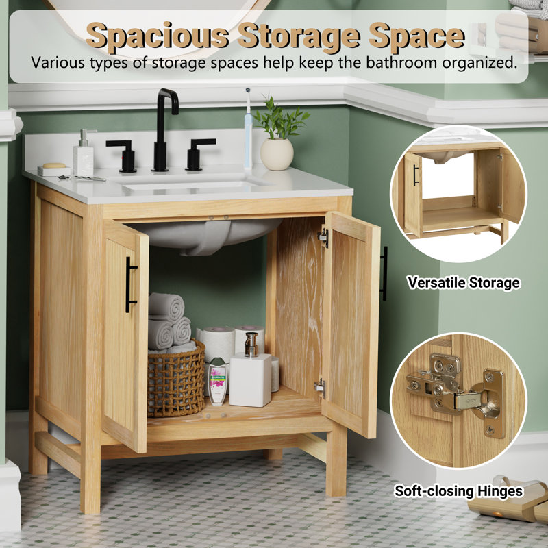 Meuble-lavabo simple 36 po Blunt avec comptoir en quartz, lavabo et dosseret. Placage de bois de teck. Pré-assemblage, 36"