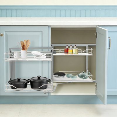Organisateur de placard coulissant à 4 paniers, étagère de rangement d'angle à 2 niveaux (gauche ou droite), panier de rangement en acier inoxydable pour la maison ou l'appartement