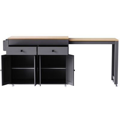 Grey Kitchen Island With 7 Wheels & Extendable Tabletop Ample Storage Metal Slide