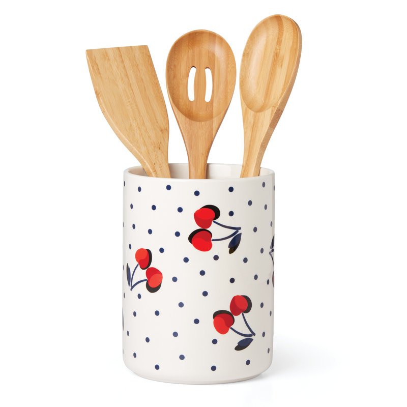 Vintage Cherry Dot Ceramic Kitchen Utensil Crock
