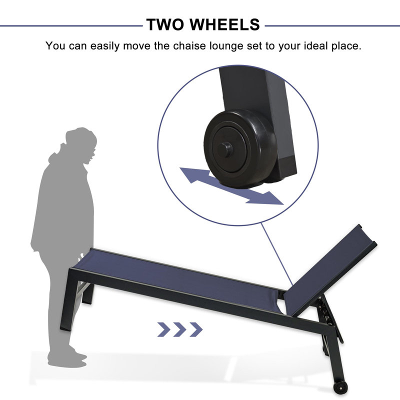 Willbourn Outdoor Rust-Resistant Metal Chaise Lounge with Table, Navy Blue