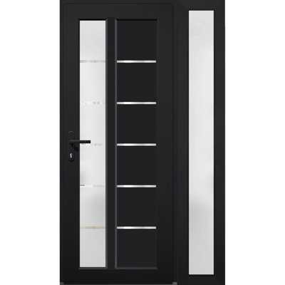 Front Exterior Prehung FiberGlass Door Frosted Glass / Manux 8088 Matte Black / Side Exterior Window / Office Commercial and Residential Doors Entrance Patio Garage-W30+14" x H80"-Right-hand Inswing