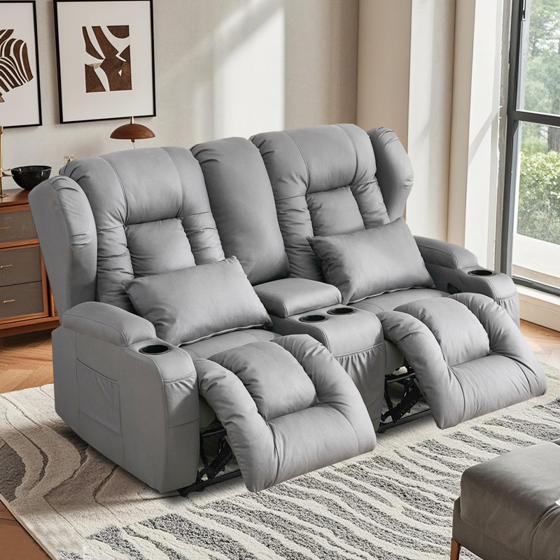 Manual Reclining Loveseat Sofa With Center Console, Cup Holders And LED Lights - Plush Theater Seating, Light Gray