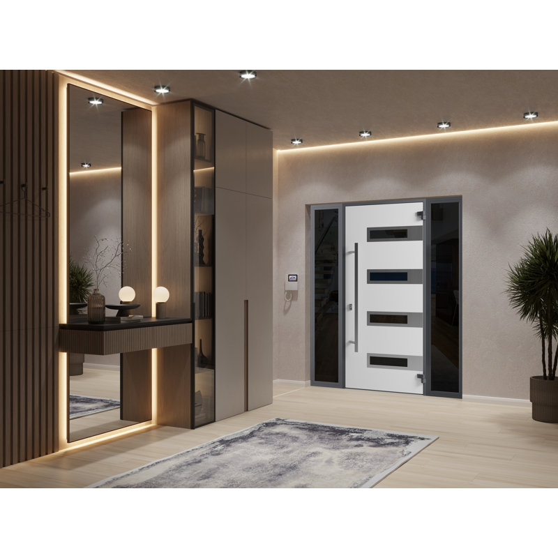 Porte avant en acier pré-suspendue à l'avant / émail noir Ronex 0131/2 fenêtres extérieures latérales / inserts en acier inoxydable avec entrée en métal peint moderne l 12 + 36 + 12 po x H 80 po à gauche